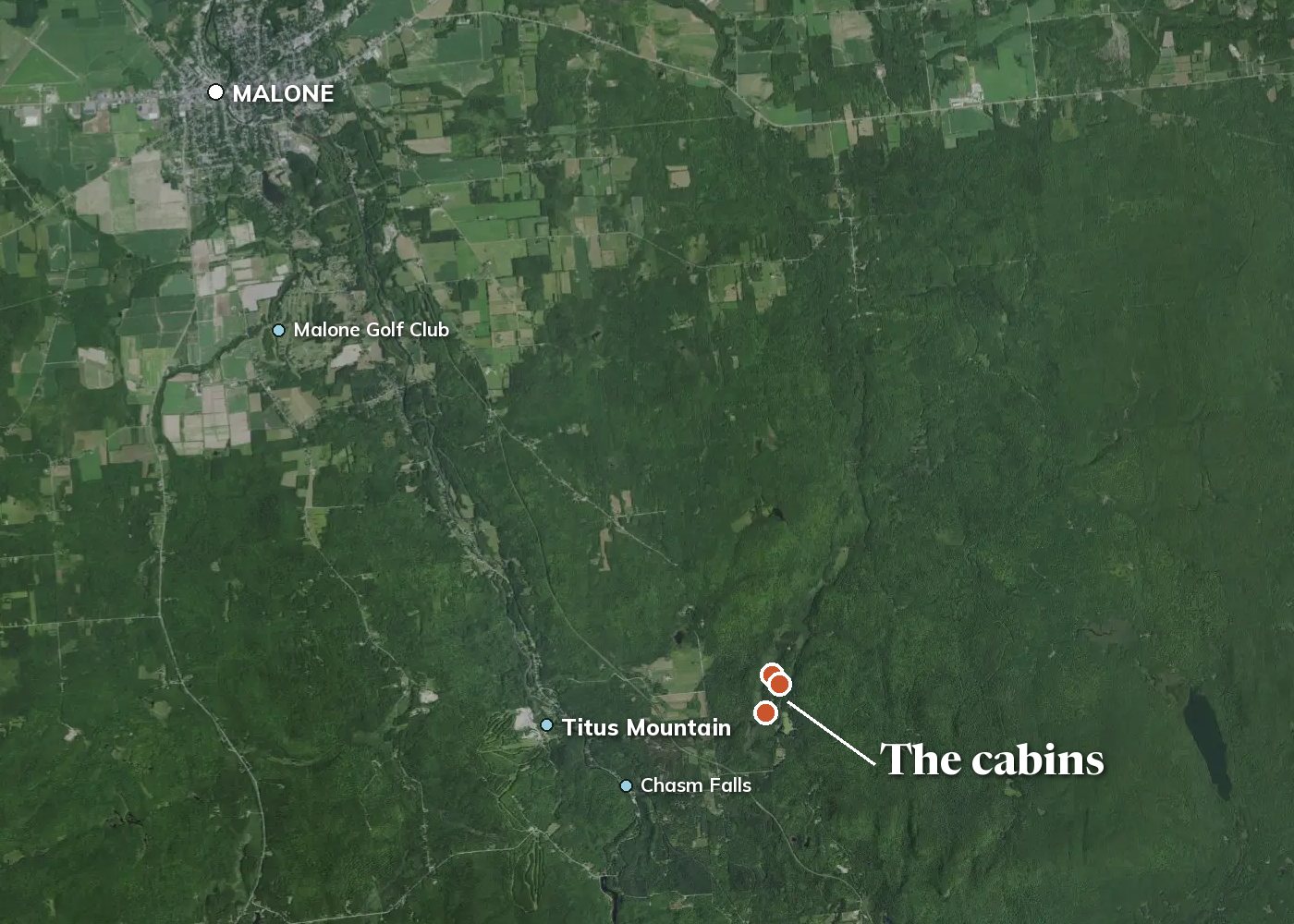 Satellite view of the three cabins south of Malone, New York, with Titus Mountain, Chasm Falls, the Malone Golf Club and Malone village